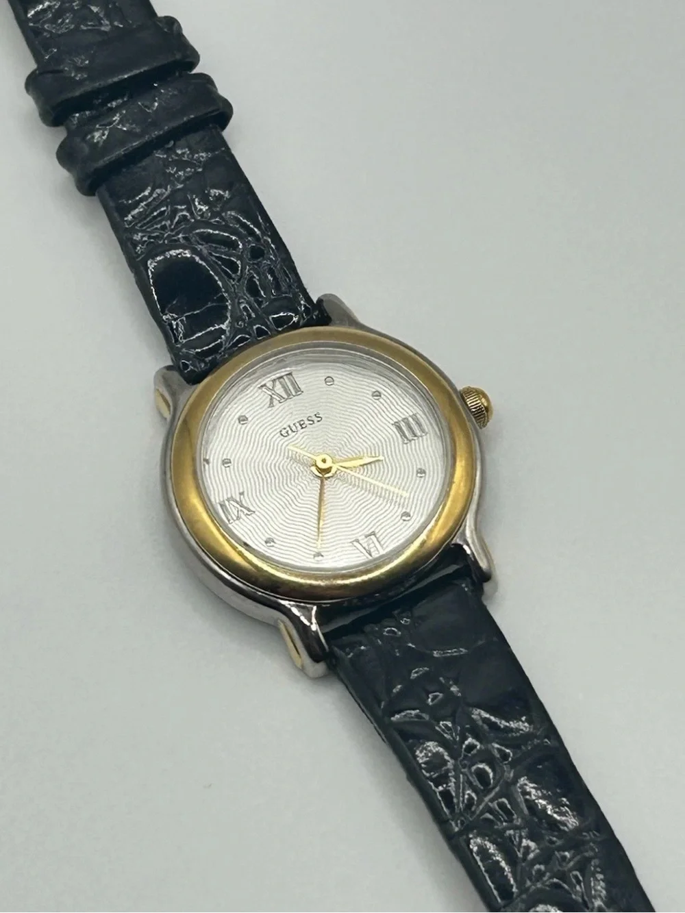 Vintage GUESS Women's Two-Tone Gold & Silver Round Leather Strap Watch - Black